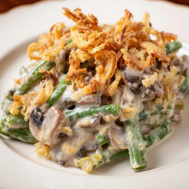 Creamy and savory Old-School Green Bean Casserole perfect for holiday gatherings.  