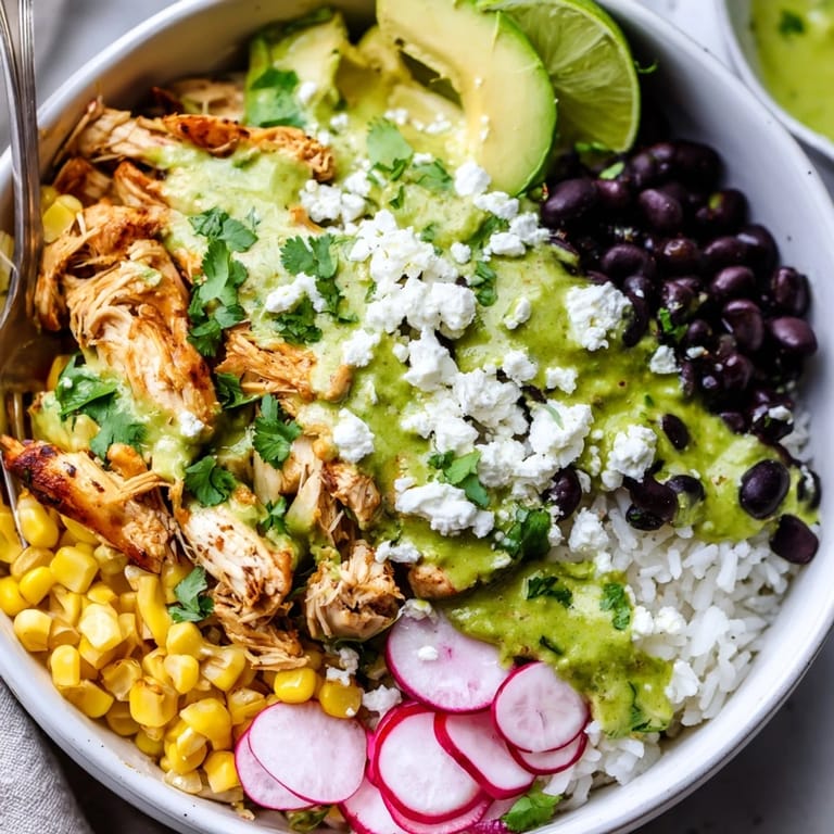 Delicious Green Enchiladas Rice Bowl featuring tender chicken and zesty enchilada sauce.  