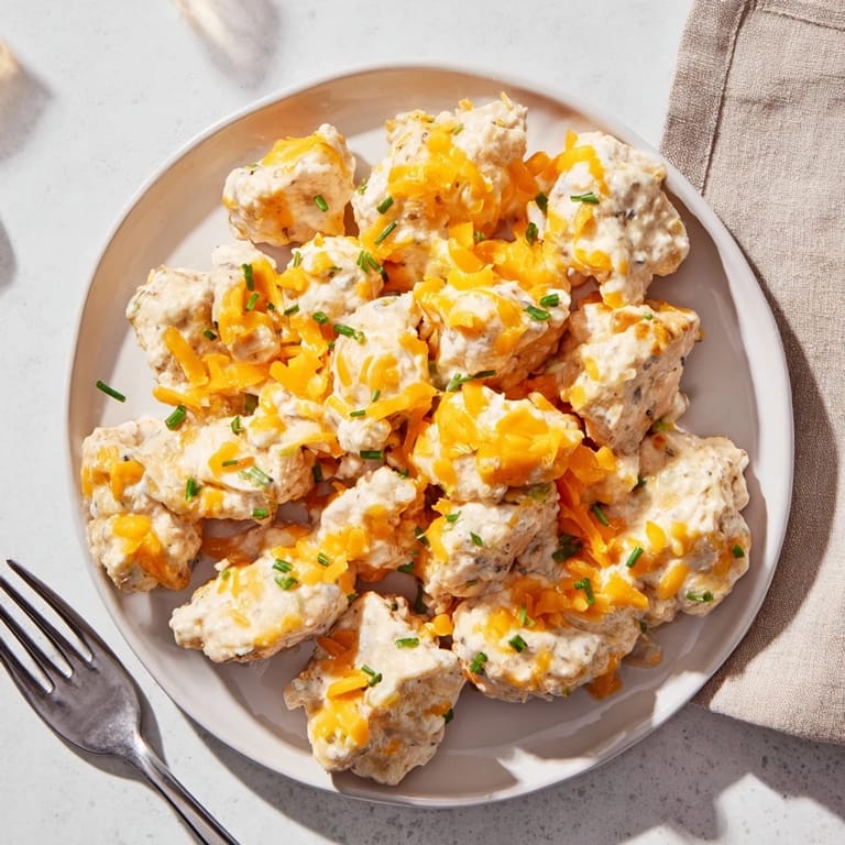 Juicy chicken breasts covered in creamy ranch and melted cheddar cheese, baked delightfully.  