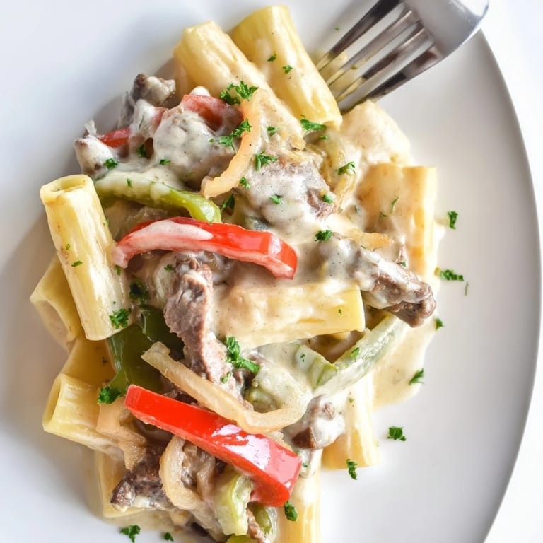 Hearty Philly Cheese Steak Pasta featuring sautéed veggies and rich, velvety cheese sauce.