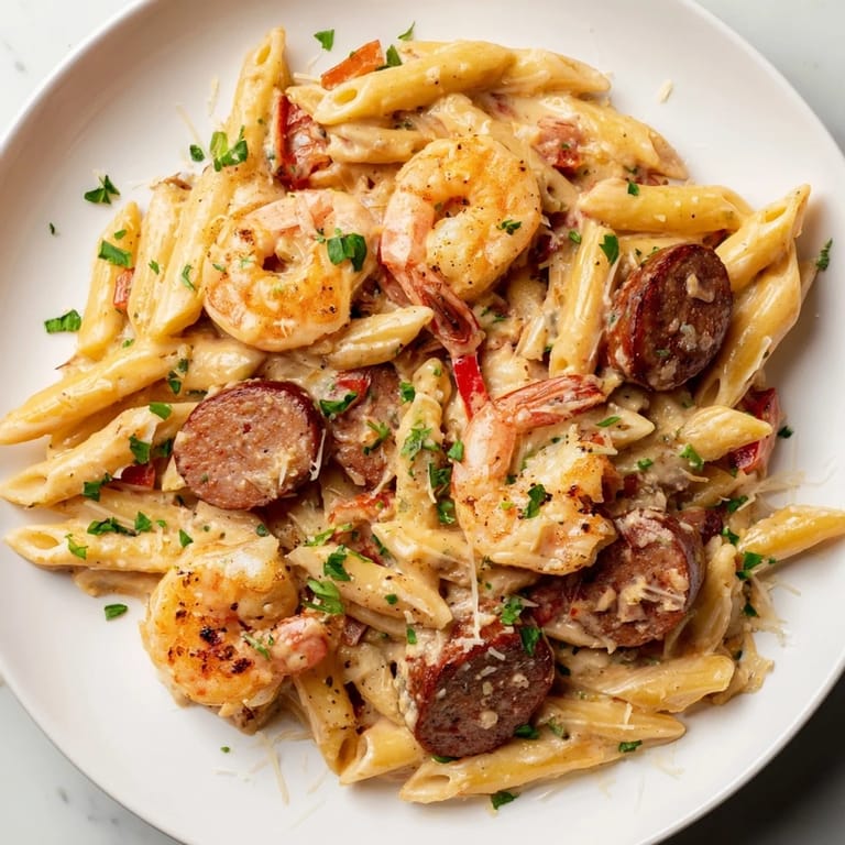 One-pan Cajun Sausage & Shrimp Alfredo Pasta Skillet, showcasing vibrant colors and rich sauce.  