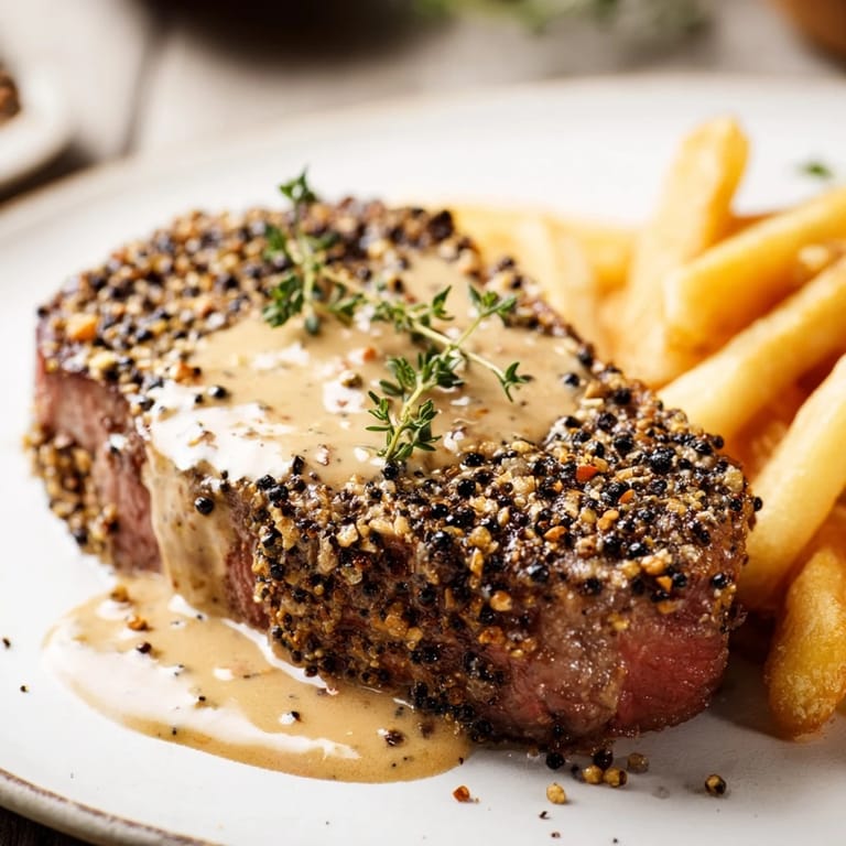 Indulge in Classic Peppercorn Ribeye, perfectly seared and paired with crunchy fries.