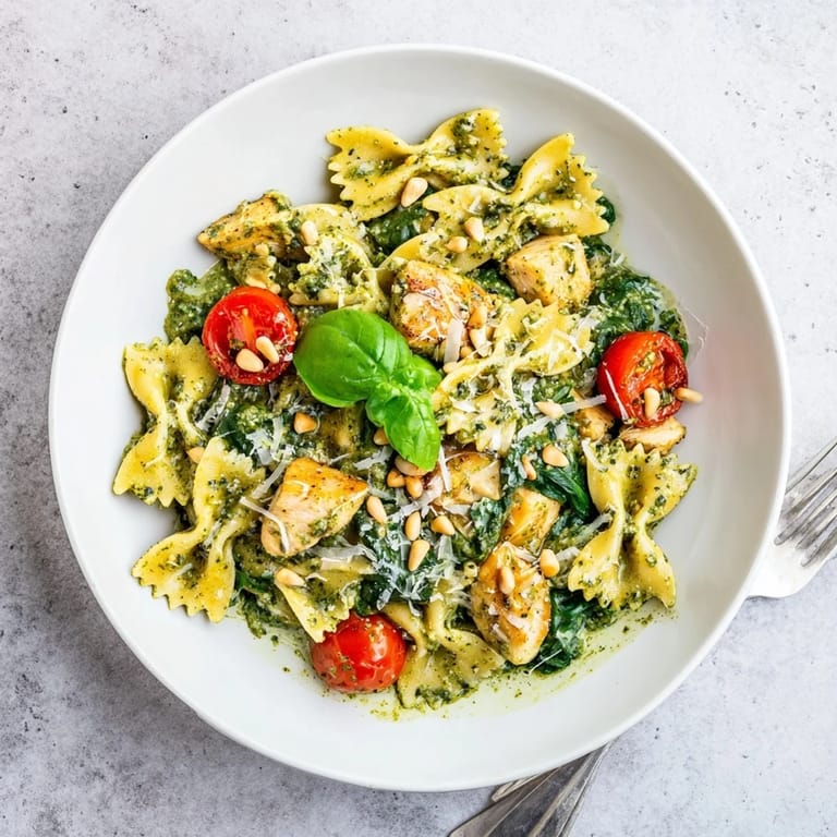 Creamy Pesto Chicken Bowtie Pasta served with cherry tomatoes and wilted spinach.  