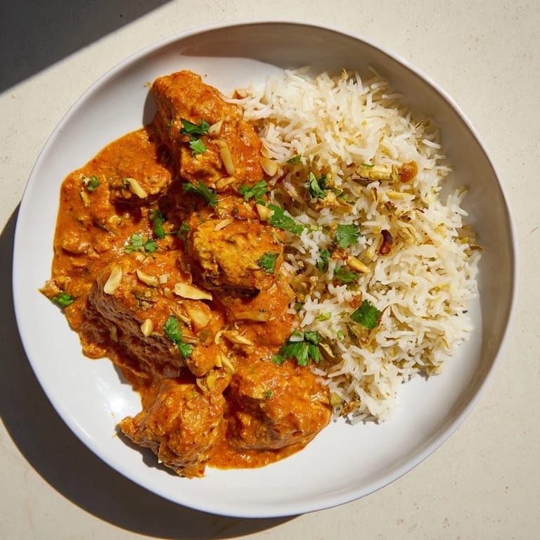 A close-up of butter chicken, the vibrant color showcasing the creamy tomato sauce, plus rice pilaf.
