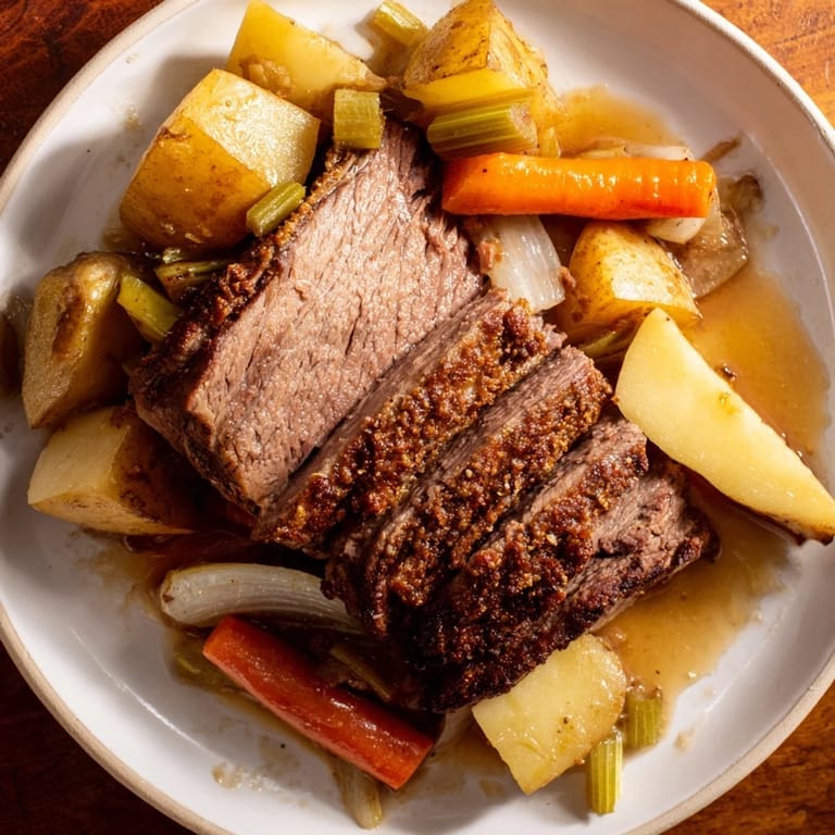 Hearty family-style Sunday Pot Roast, showcasing a perfectly browned beef roast surrounded by vibrant veggies.