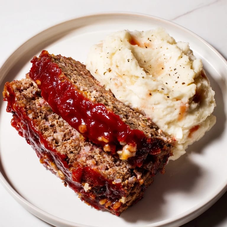 Tender Classic Meatloaf with a glistening glaze next to fluffy, golden mashed potatoes.