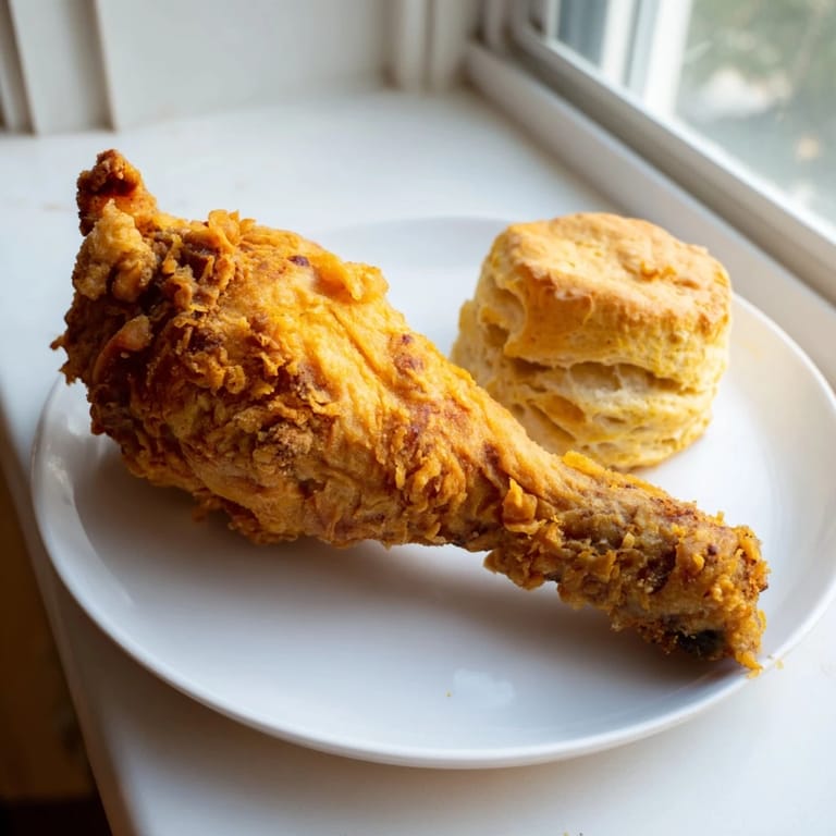 Close-up of golden brown Southern fried chicken and soft buttermilk biscuits ready to be enjoyed.