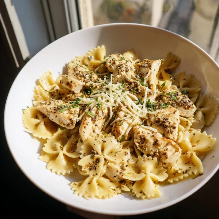 A close-up of Mozzarella Garlic Butter Chicken Bowties, a flavorful Italian-American comfort food.