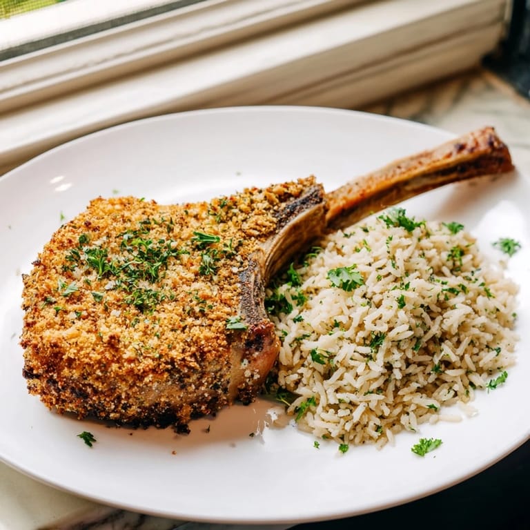A close-up of moist Parmesan Herb Pork Chops, showcasing the delicious herb and cheese crust.