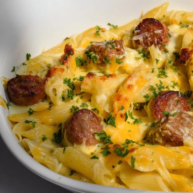 A close-up of a creamy Smoked Sausage & Cheddar Pasta Bake, showcasing the melted cheese and sausage.