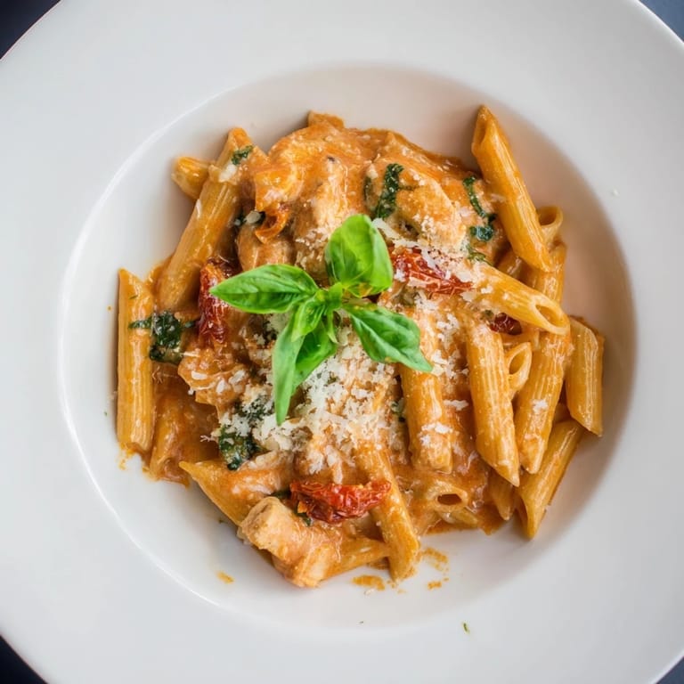 A comforting bowl of Creamy Tomato Basil Chicken Pasta with visible chicken and Parmesan cheese.