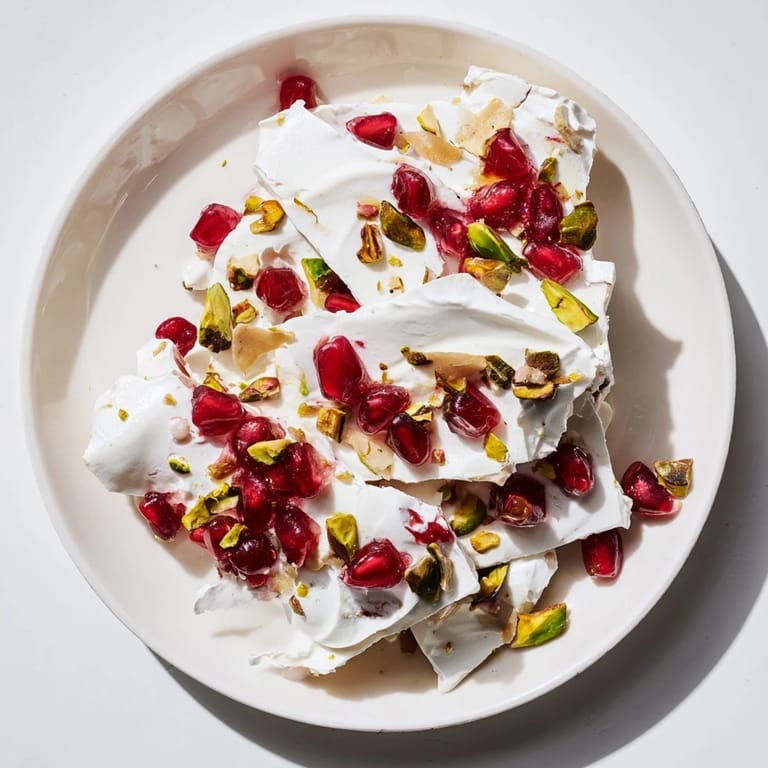Cool and creamy frozen yogurt bark, layered with pomegranate and pistachio toppings, perfect dessert.