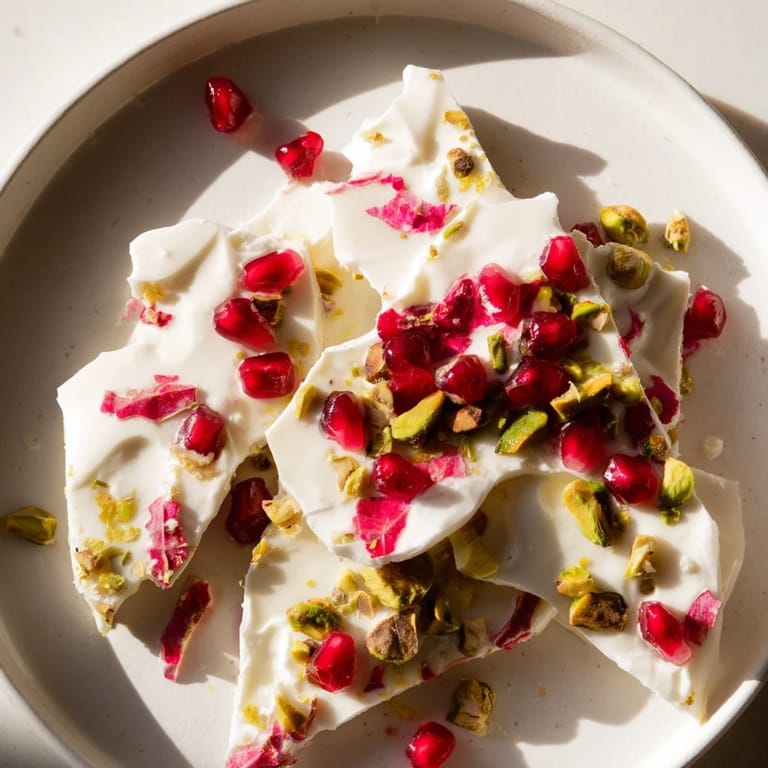 Homemade frozen yogurt bark, beautifully speckled with pistachios and pomegranate, ready to enjoy.