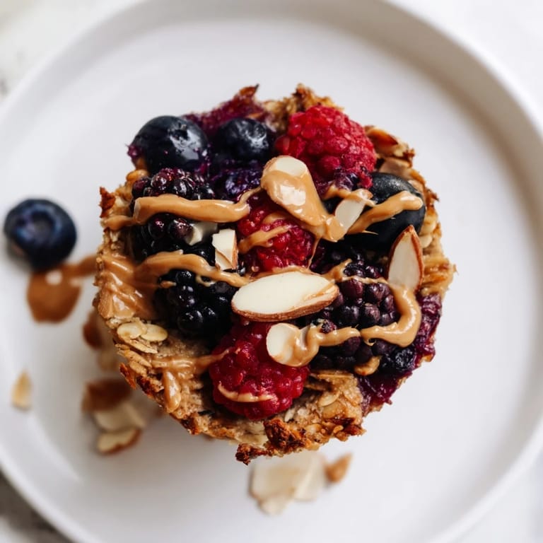 Golden-brown baked oatmeal cups feature juicy winter berries, perfect for a grab-and-go breakfast.