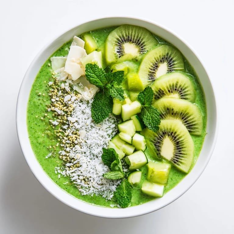 Delicious and healthy Green Smoothie Bowl topped with colorful kiwi and crunchy hemp seeds.