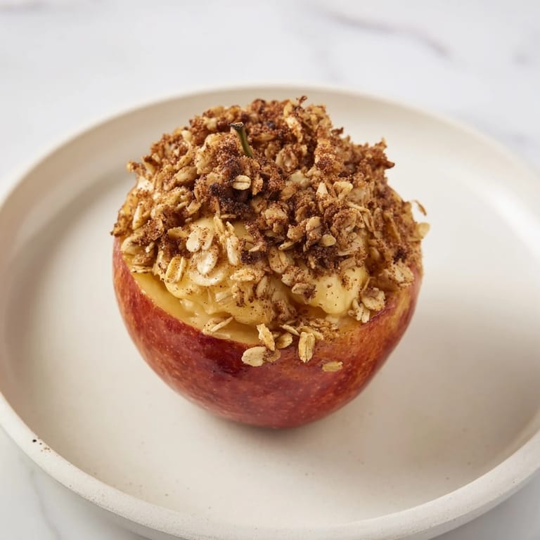 Oven-baked Baked Apples with Oat-Nut Crumble, showing the sweet, cinnamon-laced crumble topping ready to serve.