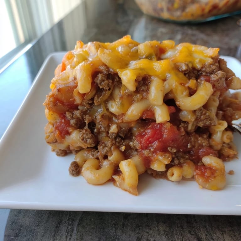 A hearty, close-up shot of a flavorful Hamburger Casserole, with visible ground beef and pasta.