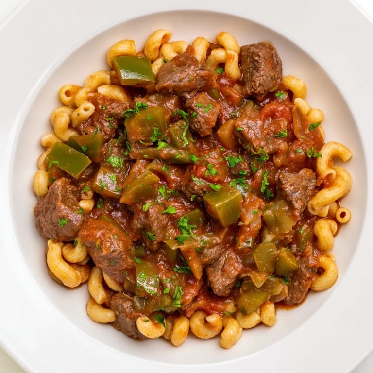 A close-up of hearty goulash: tender beef and pasta swimming in rich tomato sauce.
