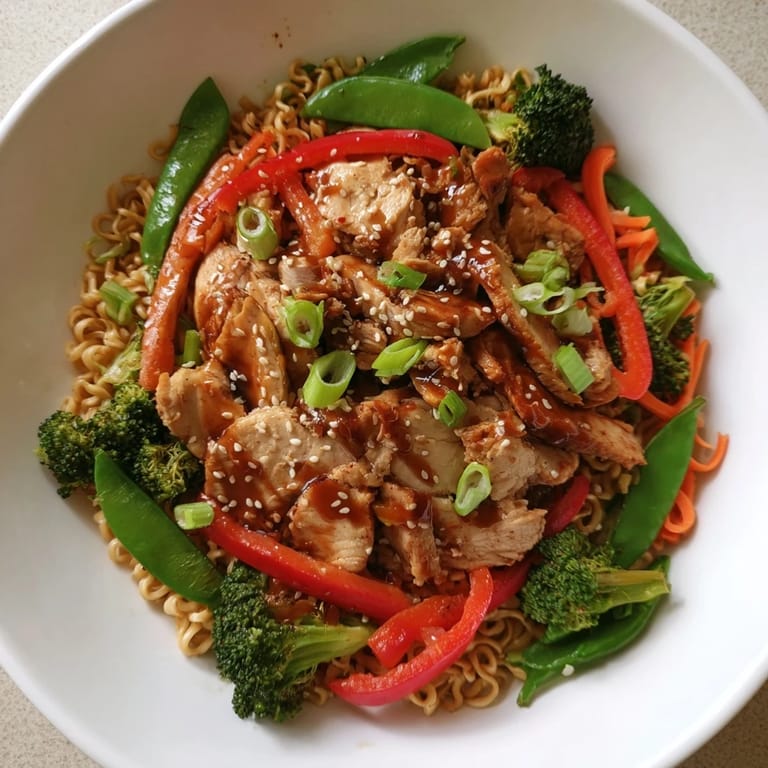 Sheet-pan crispy ramen shows roasted vegetables and juicy chicken atop delicious, seasoned ramen noodles.