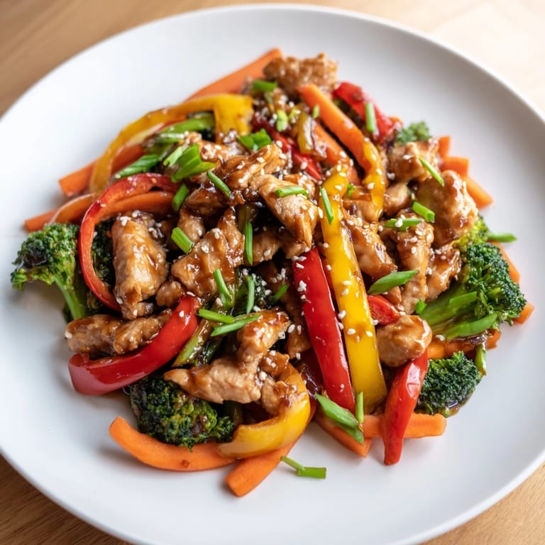 Forkful of flavorful Chicken Stir-Fry with Vegetables and Rice, served alongside a bed of fluffy rice.