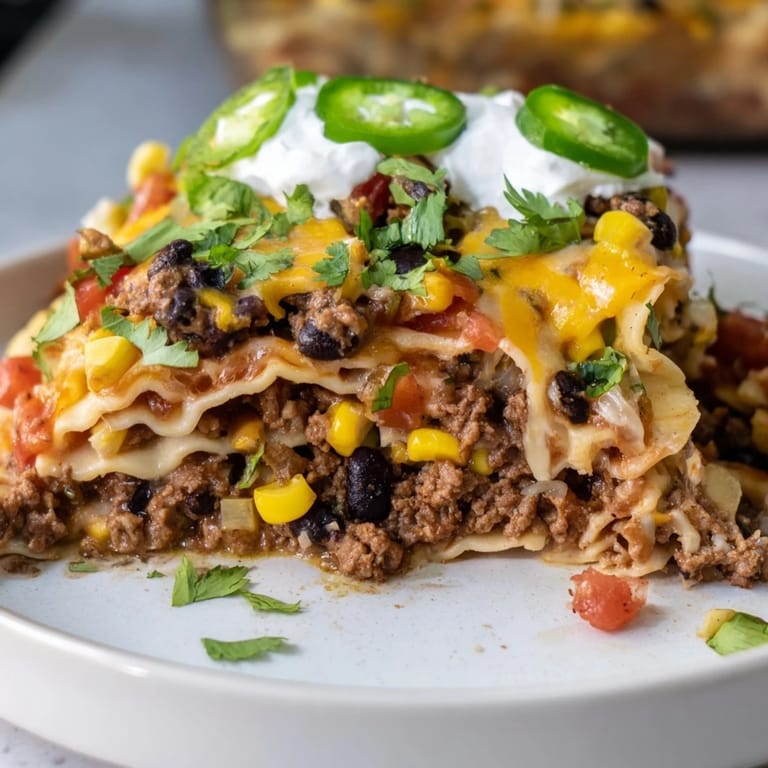 A bubbling baking dish overflowing with layered taco lasagna, perfect for a cozy weeknight dinner.