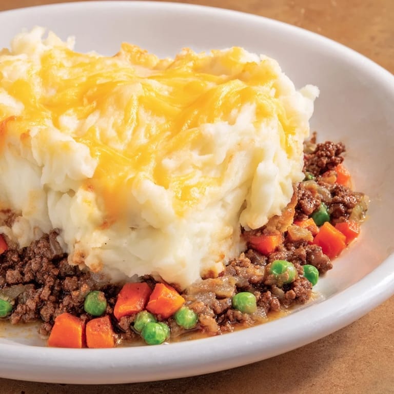 A close-up view of the Budget Shepherd's Pie, showcasing the bubbling filling and a cheesy crust.