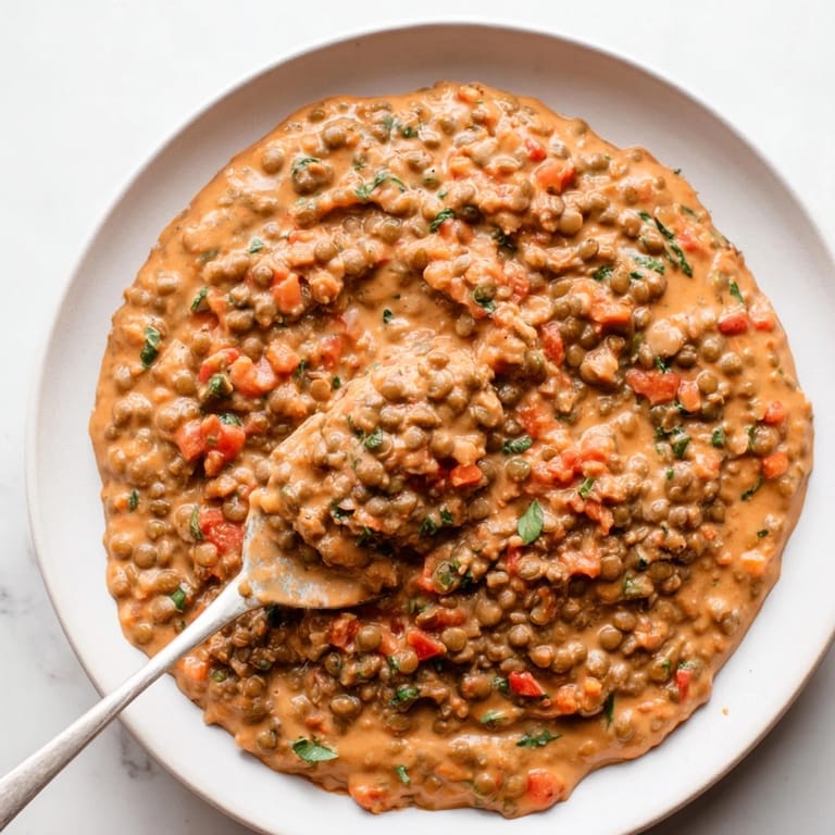 Fresh, bright green basil garnishes this rich Creamy Tomato Basil Lentil Bolognese, a comforting vegan main dish.