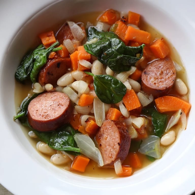 Close-up of hearty Simple Sausage and White Bean Soup, showcasing the sausage and creamy white beans.