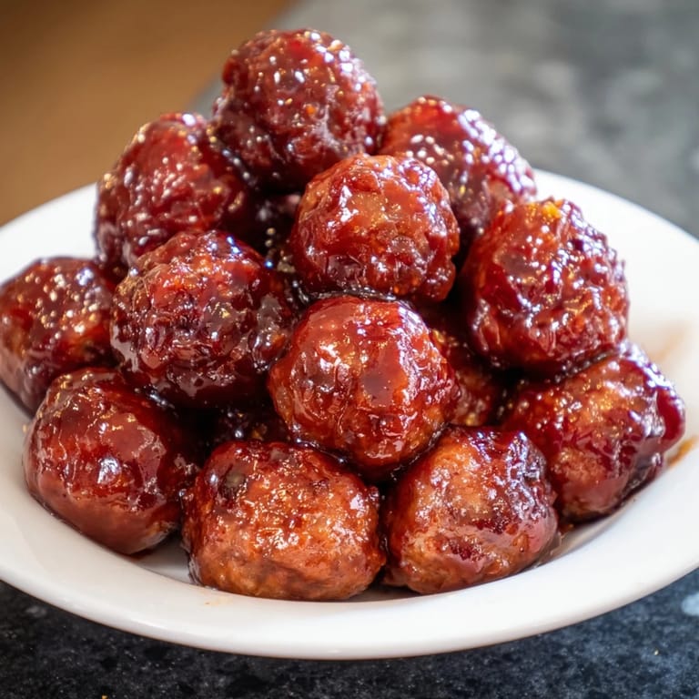 A close-up of a bowl filled with savory, bite-sized cherry-glazed meatballs, ready to serve promptly.