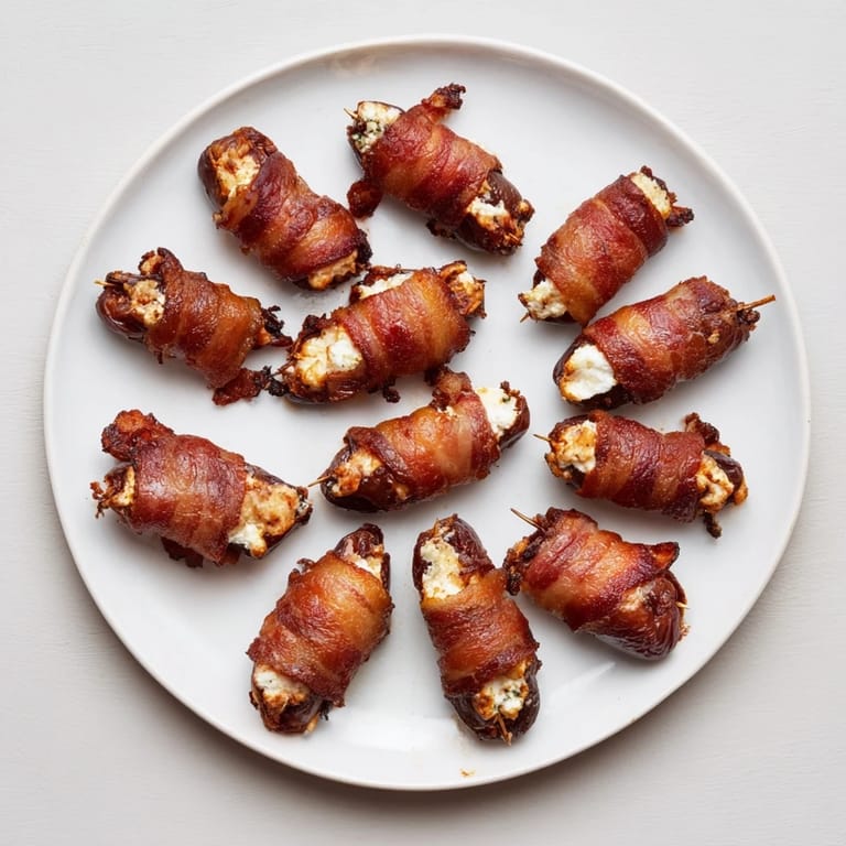 Close-up shot shows the delicious Bacon-Wrapped Dates, combining salty bacon with creamy goat cheese.
