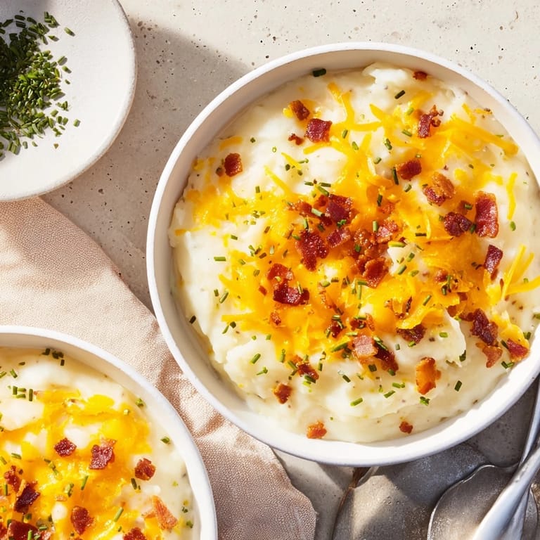 Close-up of The Ultimate Baked Potato Soup, showing the blend of potato, creamy broth, and cheese.