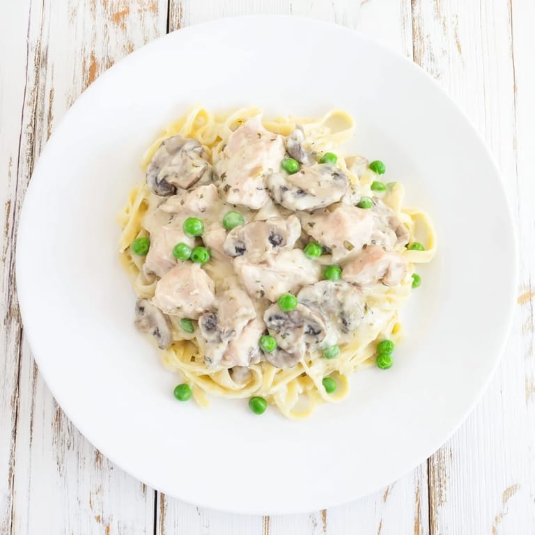 A warm bowl of Creamy Chicken Alfredo Slow-Cooker Dump Meal, ready to serve over fettuccine noodles.