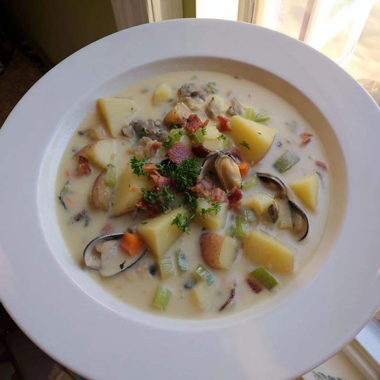 A close-up of hearty New England Clam Chowder: creamy, rich broth filled with tender clams and potatoes.
