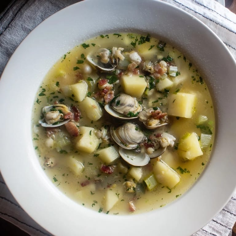 Spoonful of flavorful New England Clam Chowder, garnished with bacon bits, is a classic comfort food.