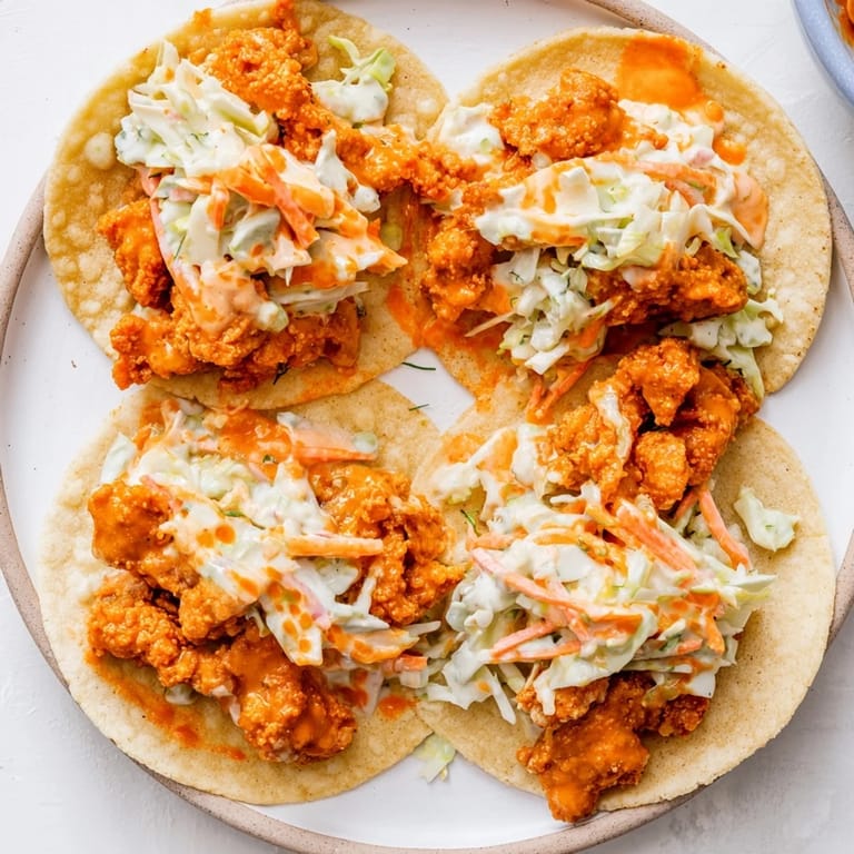 A close-up of delicious Buffalo Chicken Smash Burger Tacos, bursting with creamy ranch slaw and fiery buffalo sauce.