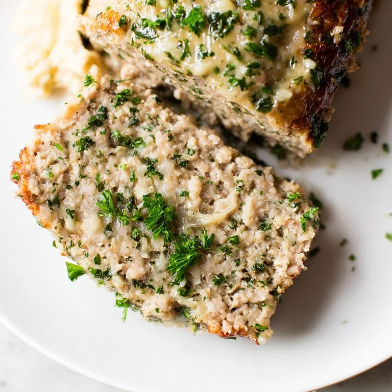 Tender, flavorful Garlic Parmesan Chicken Meatloaf showcasing a rustic and inviting home-cooked meal.