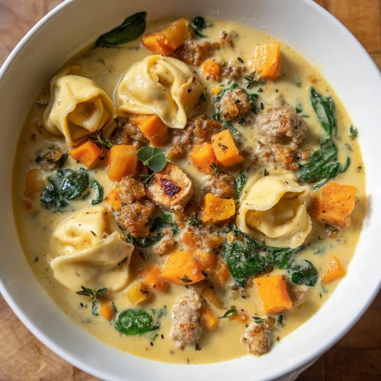 Garnished with fresh thyme, this creamy sausage tortellini soup is a quick, easy, and flavorful meal.