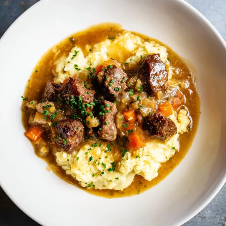 A close-up of Fall Apple Cider Stew Mash featuring flavorful beef in a rich, autumnal sauce and mashed potatoes.