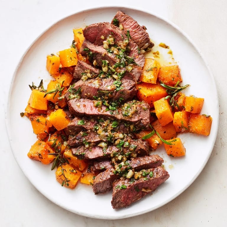 A hearty bowl brimming with tender, sliced Butternut Squash & Garlic Herb Steak, ready for a satisfying, gluten-free meal.