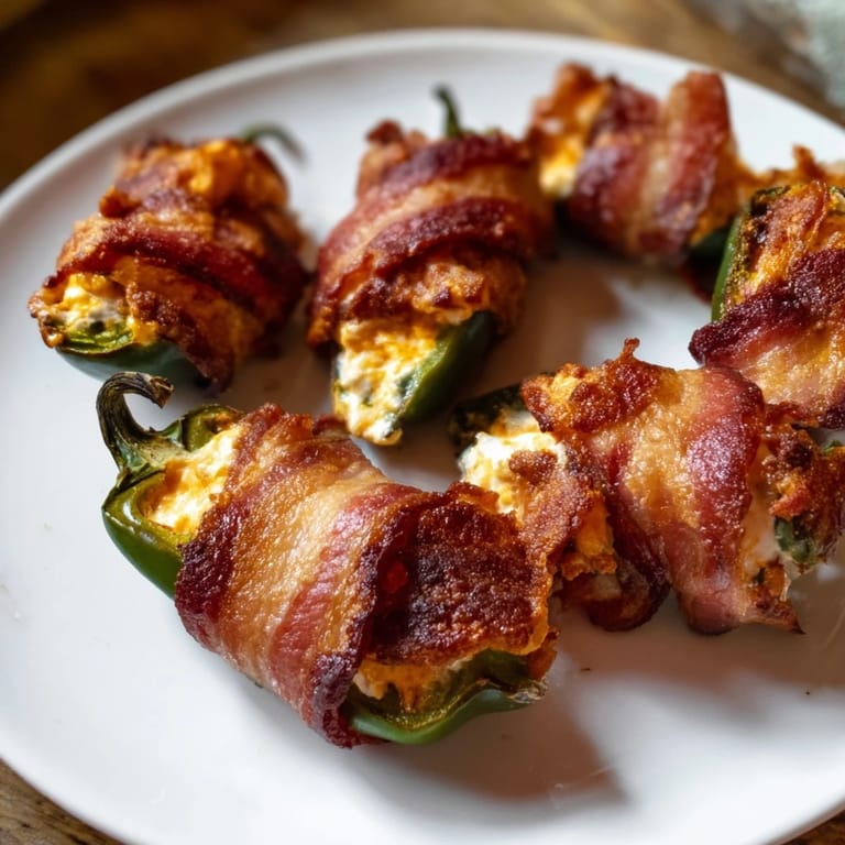 A close-up of sizzling Express Holiday Jalapeño Poppers, showcasing the perfectly browned bacon and melted cheese filling.