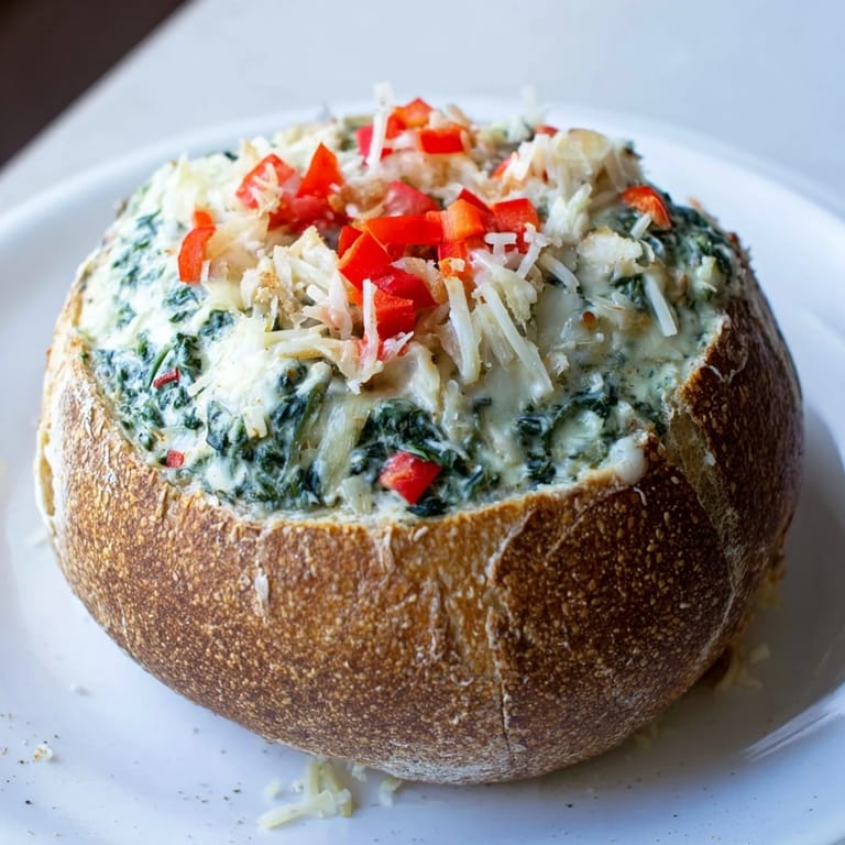A close-up of a festive Express Holiday Spinach Dip bread bowl, with colorful bell pepper garnish.
