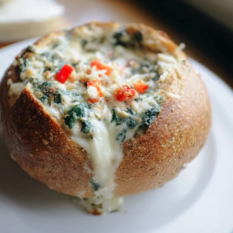 Delicious and creamy Express Holiday Spinach Dip, served in a carved sourdough bread bowl.