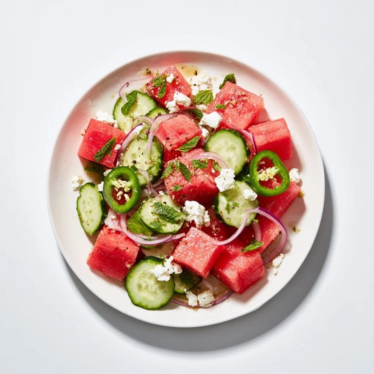 A refreshing close-up of the colorful Cucumber and Watermelon Hot Girl Salad, ready to enjoy.