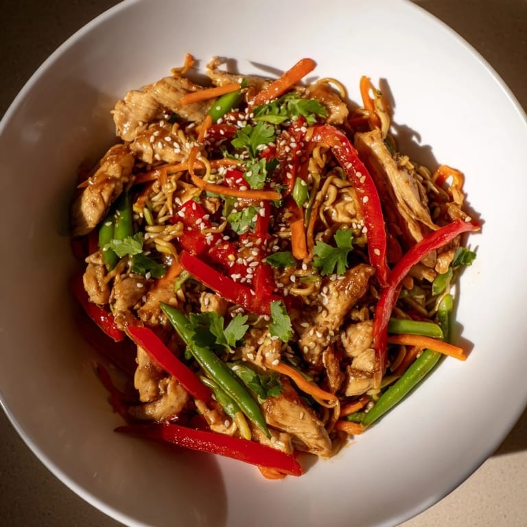 Golden-brown chicken pieces and vibrant vegetables star in this aromatic Lemon-Garlic Chicken Stir Fry, ready to enjoy.