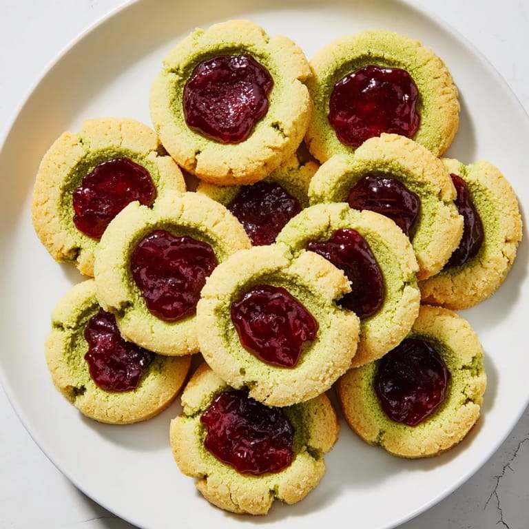 Golden-edged Matcha Cranberry Shortbread Thumbprint Cookies arranged beautifully on a cooling rack for enjoying.