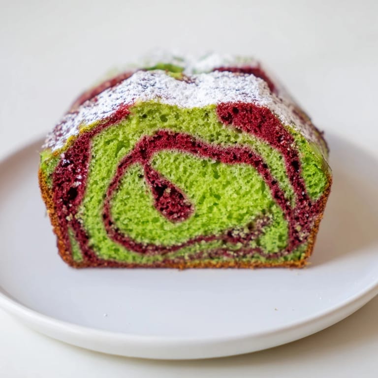 A close-up of a sliced red & green swirl matcha marble pound cake, showing its beautiful marbled interior, ready to serve.