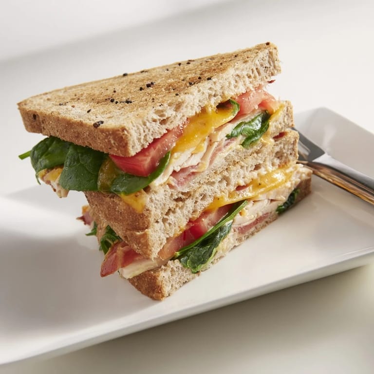 A close-up of a delicious Turkey Bacon, Spinach & Tomato Protein Grilled Cheese, perfectly grilled.