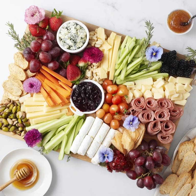 Delectable Enchanted Forest grazing board overflowing with fresh fruits, cheese, and meats for sharing.