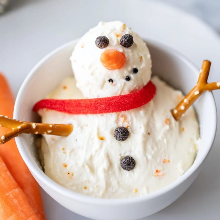 A close-up of the delightful Snowman Dip, showing a melted form with bell pepper scarves and veggie dippers.