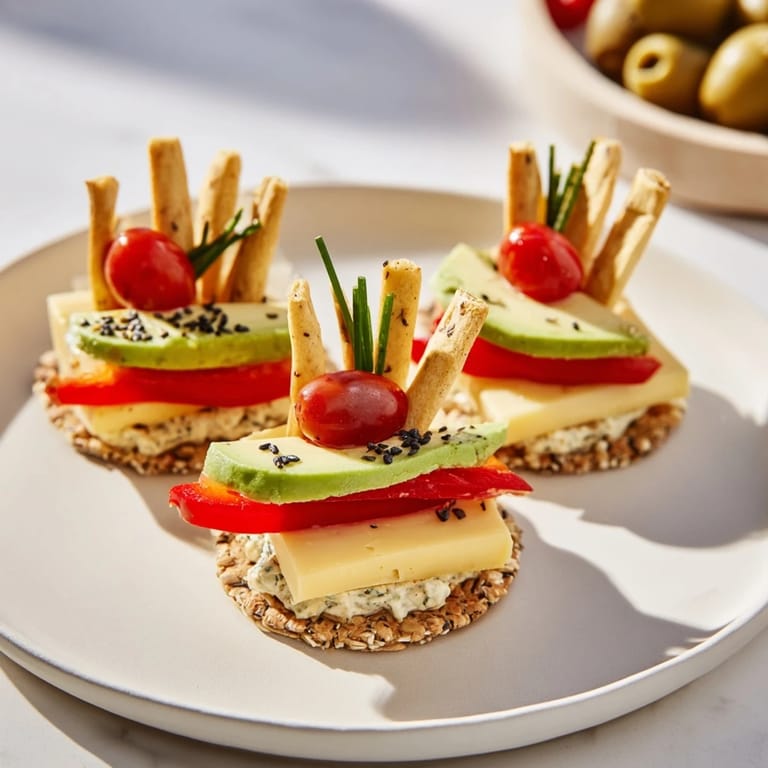 These stunning Urban Skyscraper Appetizers feature layers of cheese, veggies, and crackers, drizzled with oil.